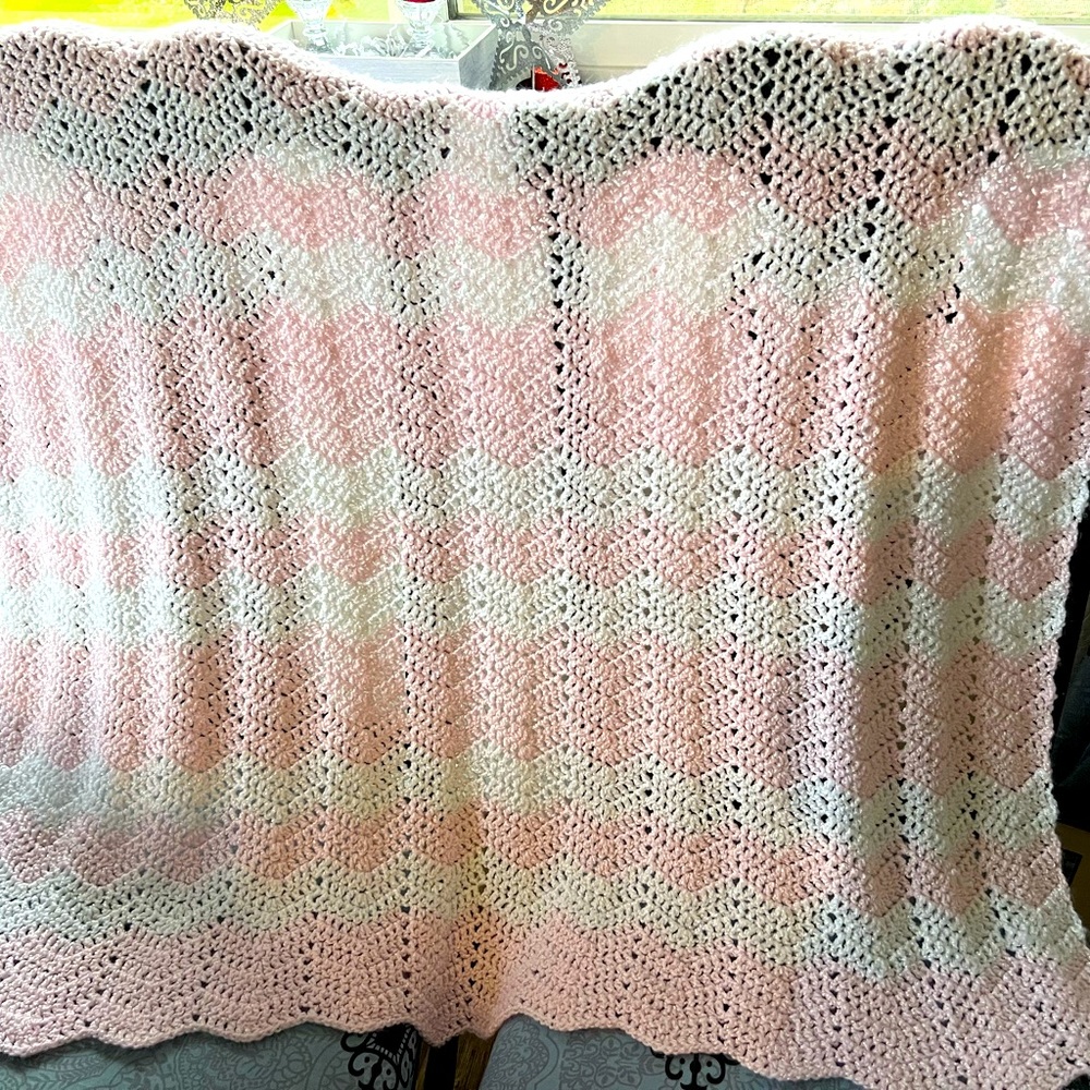 Super Soft Baby Afghan in Pink and White Chevron Stripes.  42x42.